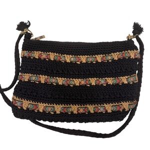 The Sak Cambria Crochet Crossbody Bag Black Boho Geometric Embroidery Tassel Zip